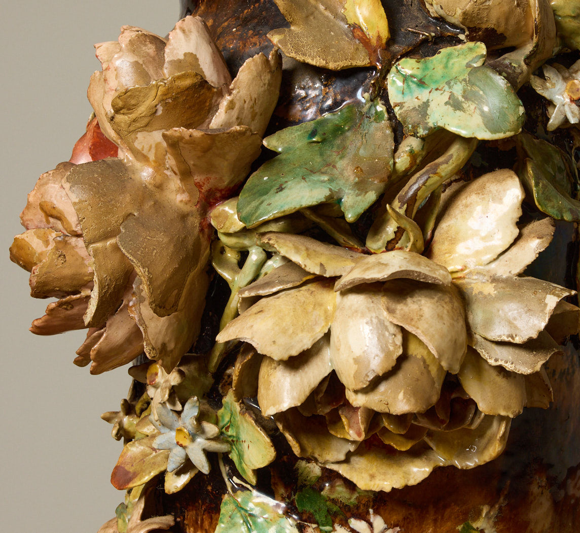 EARLY 20TH CENTURY GROS RELIEF FLORAL BARBOTINE VASE