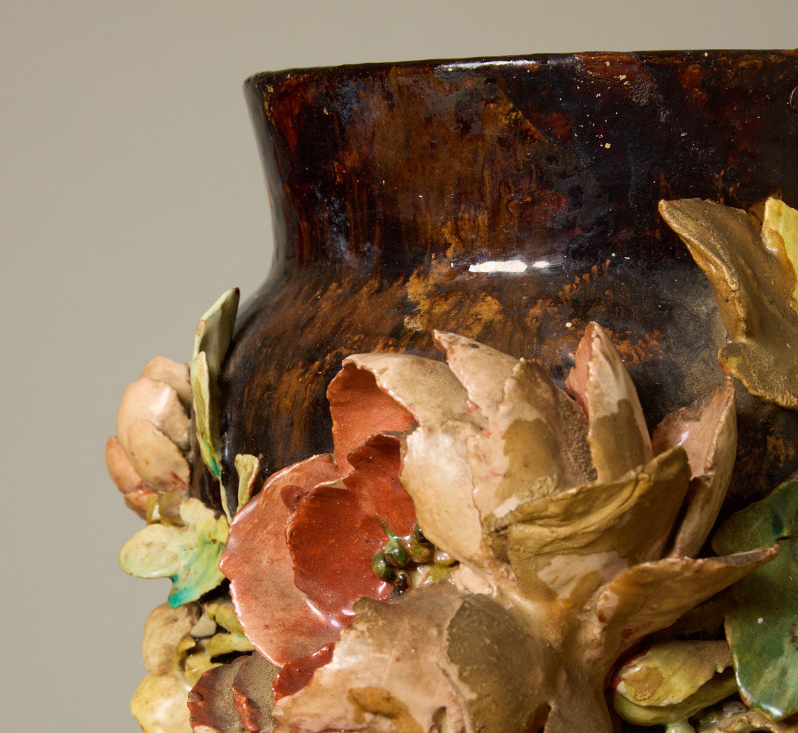 EARLY 20TH CENTURY GROS RELIEF FLORAL BARBOTINE VASE