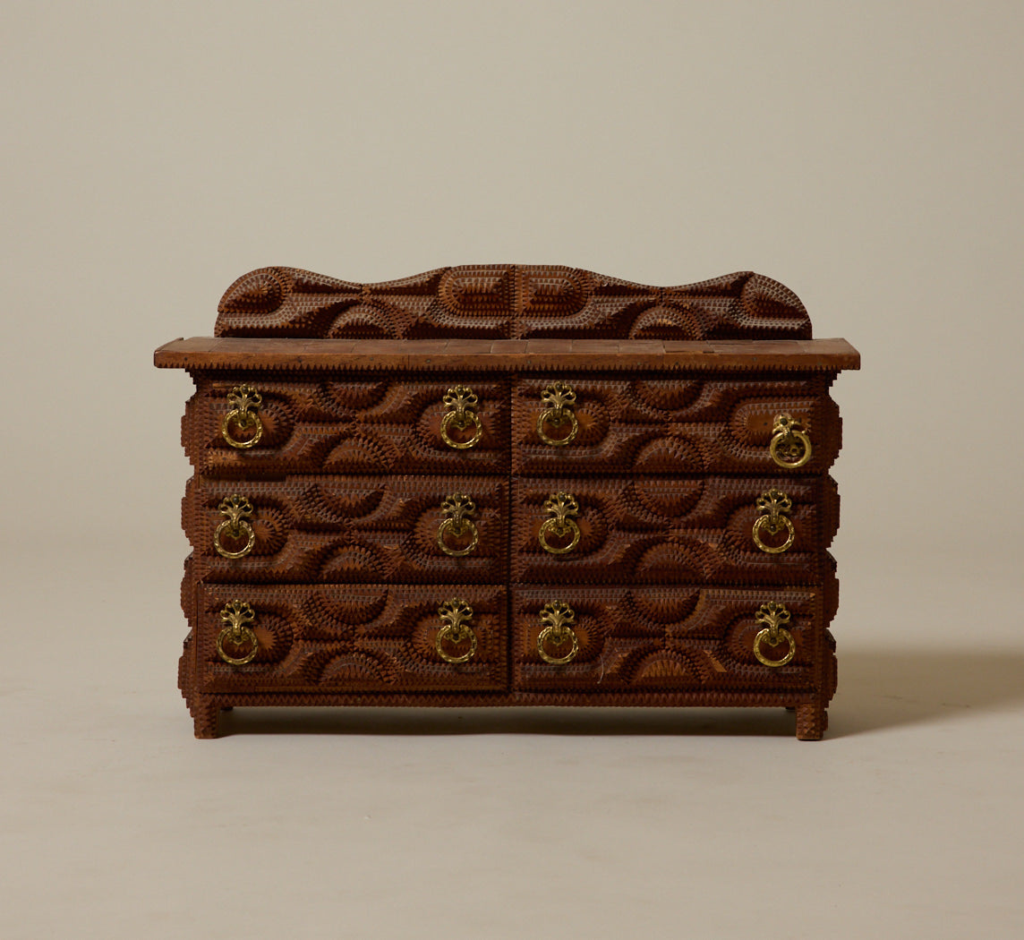 PETITE 19TH CENTURY TRAMP ART CHEST OF DRAWERS