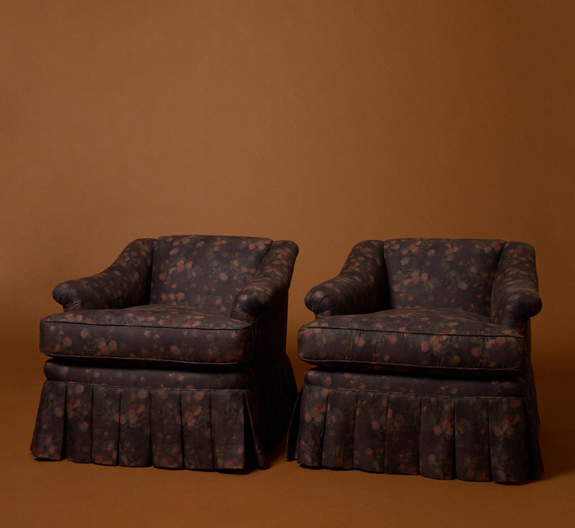 PAIR OF 1950S LOW BACK EASY CHAIRS IN MYSTIC FLORAL LINEN