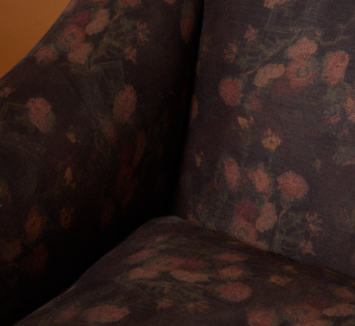 PAIR OF 1950S LOW BACK EASY CHAIRS IN MYSTIC FLORAL LINEN