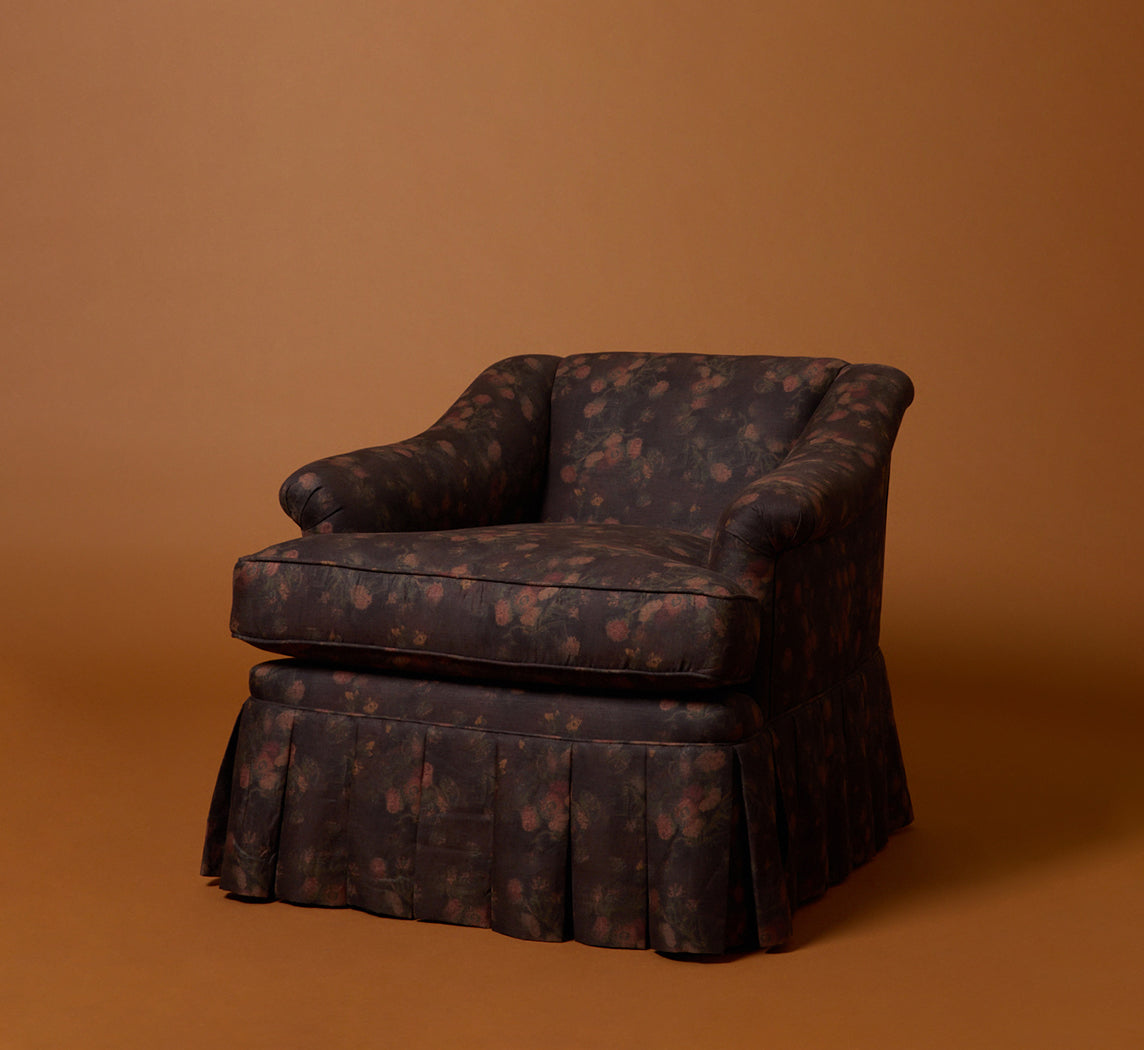 PAIR OF 1950S LOW BACK EASY CHAIRS IN MYSTIC FLORAL LINEN