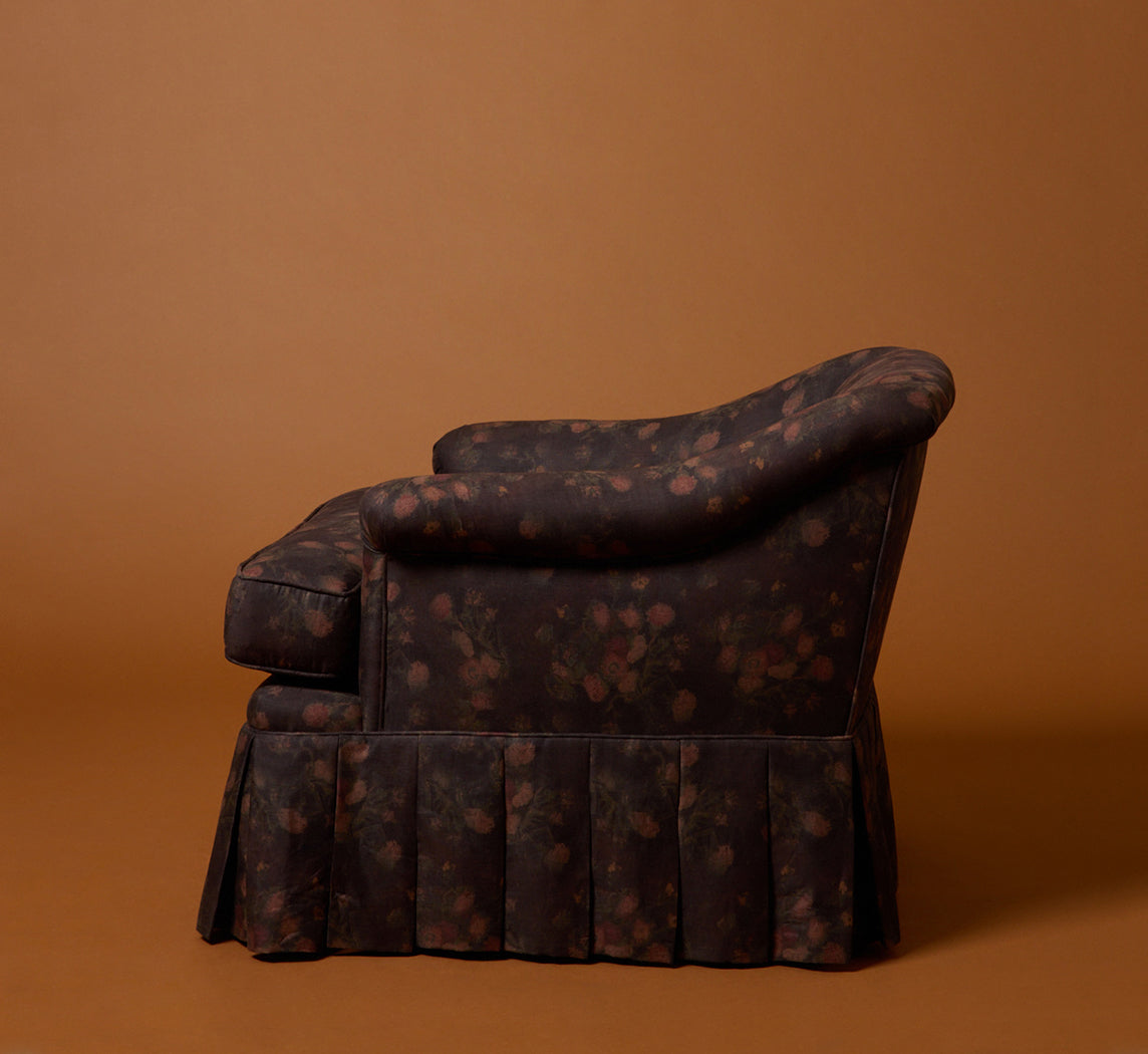 PAIR OF 1950S LOW BACK EASY CHAIRS IN MYSTIC FLORAL LINEN