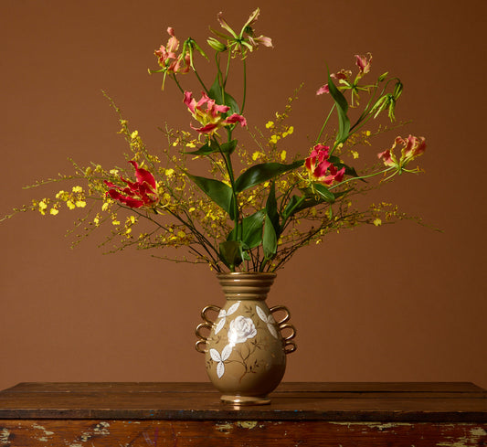 1950S ITALIAN GOLD LUSTER ROSE CERAMIC VASE