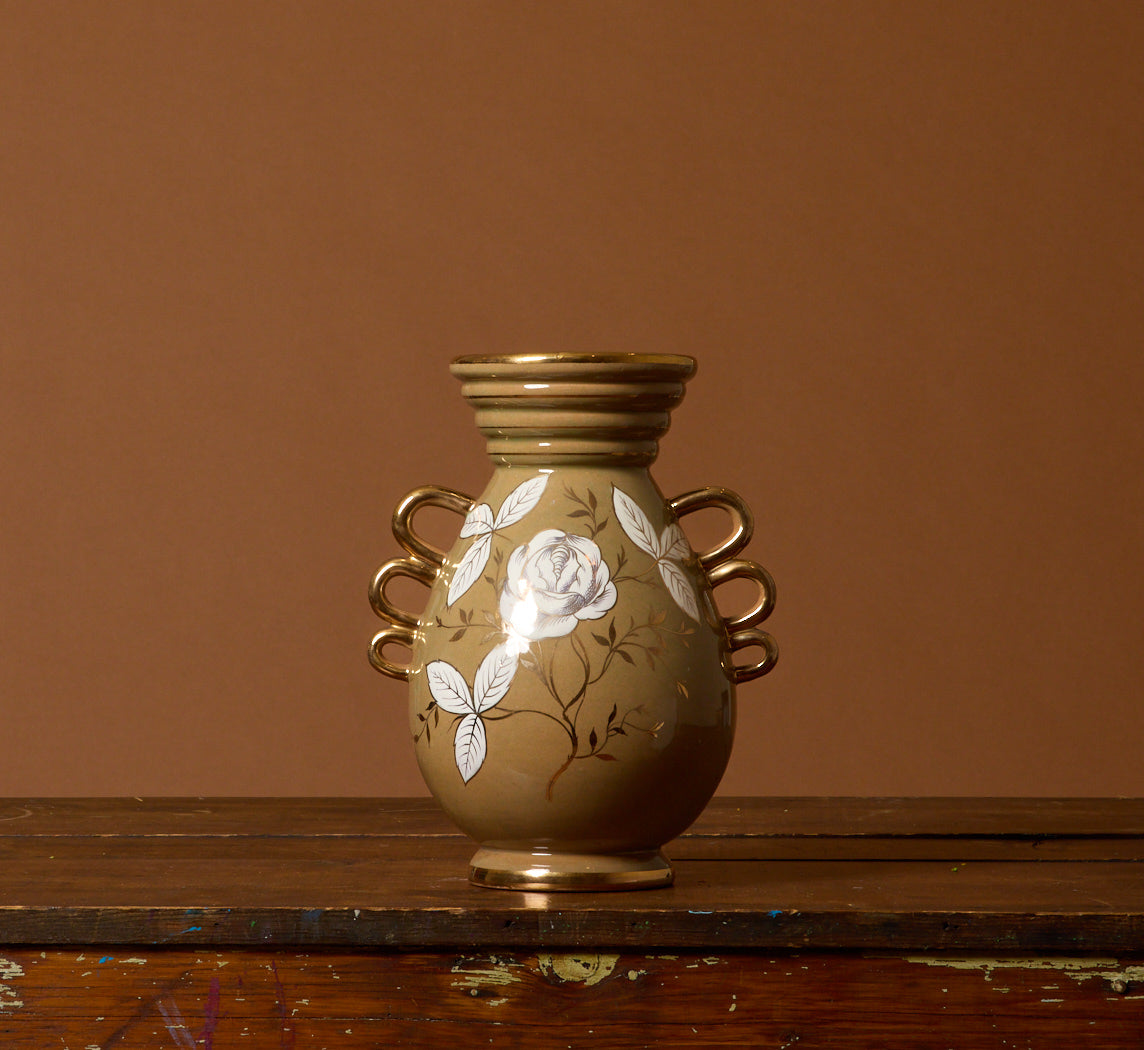 1950S ITALIAN GOLD LUSTER ROSE CERAMIC VASE