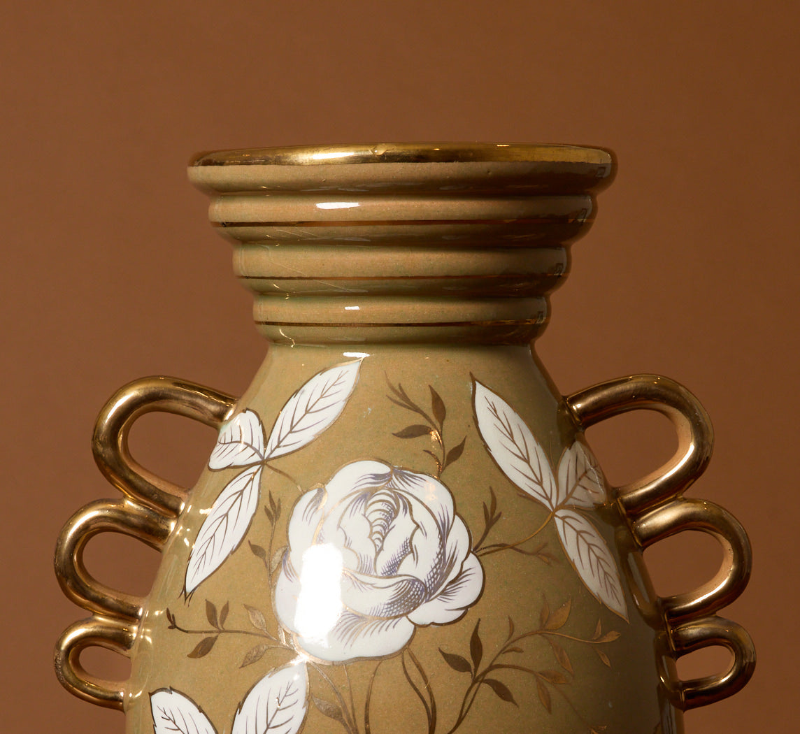 1950S ITALIAN GOLD LUSTER ROSE CERAMIC VASE