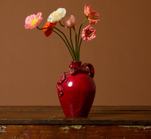 FOLK ART RED GLAZED STONEWARE SNAKE JUG