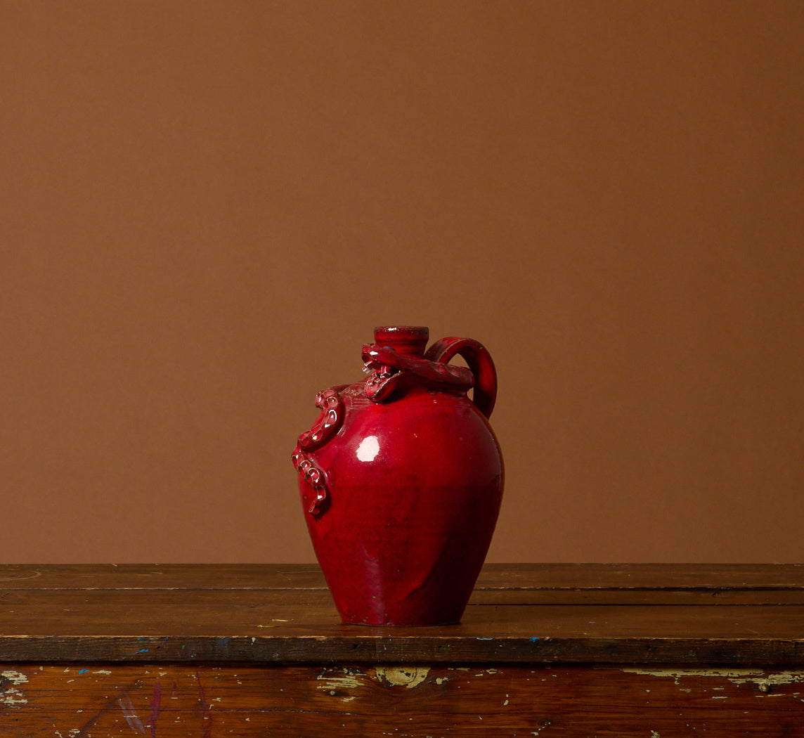 FOLK ART RED GLAZED STONEWARE SNAKE JUG