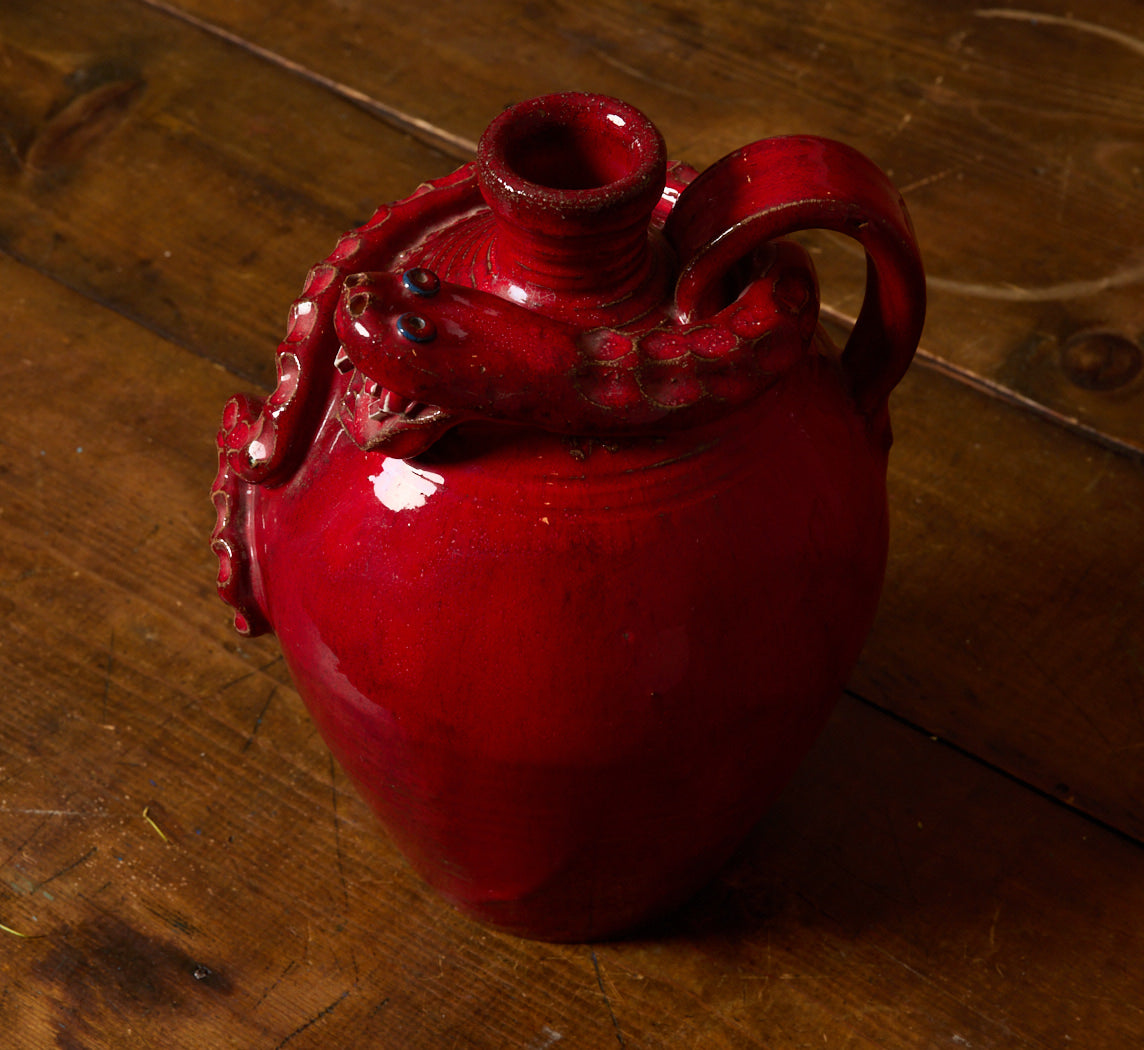 FOLK ART RED GLAZED STONEWARE SNAKE JUG