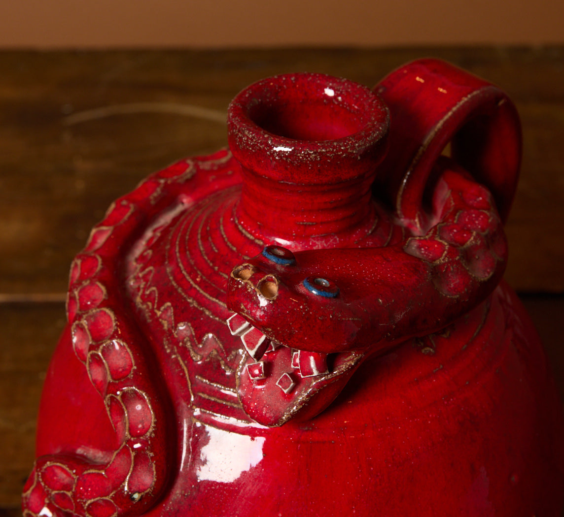 FOLK ART RED GLAZED STONEWARE SNAKE JUG