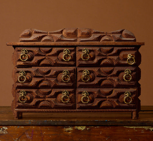 PETITE 19TH CENTURY TRAMP ART CHEST OF DRAWERS