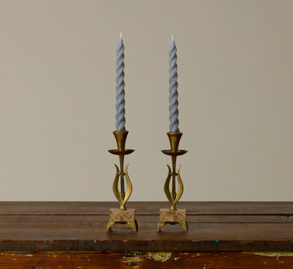 PAIR OF BRASS CANDLESTICK HOLDERS WITH MARBLE PEDESTALS