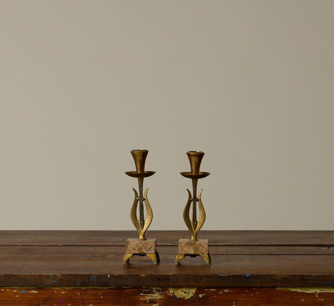 PAIR OF BRASS CANDLESTICK HOLDERS WITH MARBLE PEDESTALS