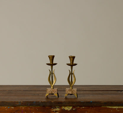 PAIR OF BRASS CANDLESTICK HOLDERS WITH MARBLE PEDESTALS
