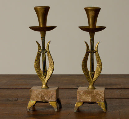 PAIR OF BRASS CANDLESTICK HOLDERS WITH MARBLE PEDESTALS