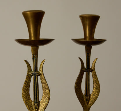 PAIR OF BRASS CANDLESTICK HOLDERS WITH MARBLE PEDESTALS