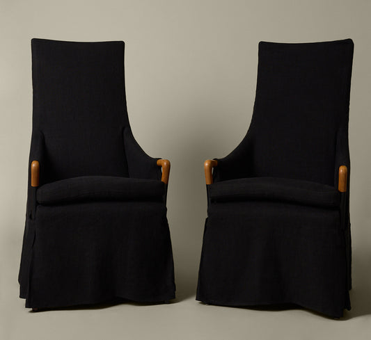 PAIR OF VINTAGE PROGETTI HIGHBACK ARMCHAIRS IN LINEN