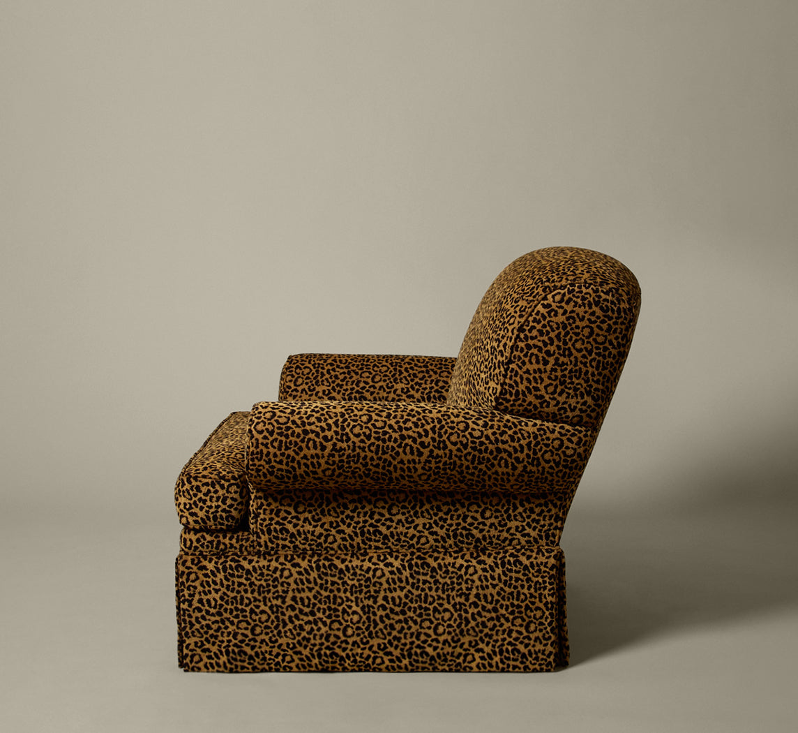 VINTAGE ARMCHAIR IN LEOPARD CHENILLE WITH SKIRT