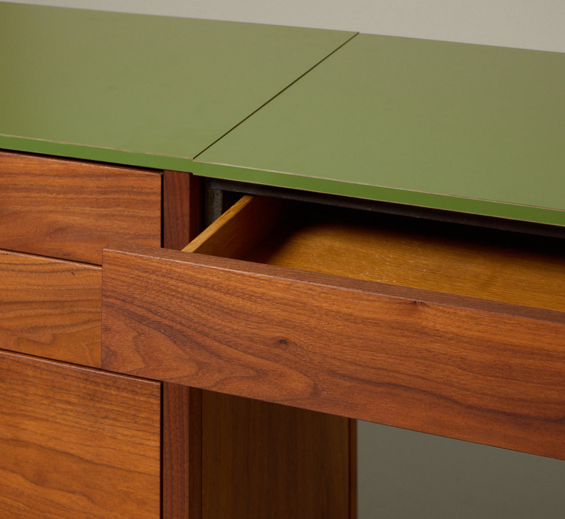 1950S WALNUT & LAMINATE CONVERTIBLE VANITY DESK BY FLORENCE KNOLL