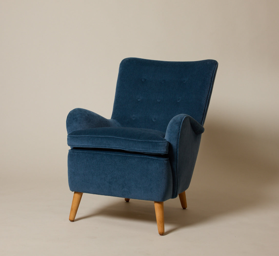 VINTAGE SWEDISH HIGHBACK CHAIR IN BLUE MOHAIR