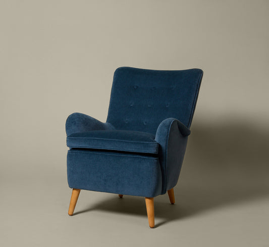 VINTAGE SWEDISH HIGHBACK CHAIR IN BLUE MOHAIR