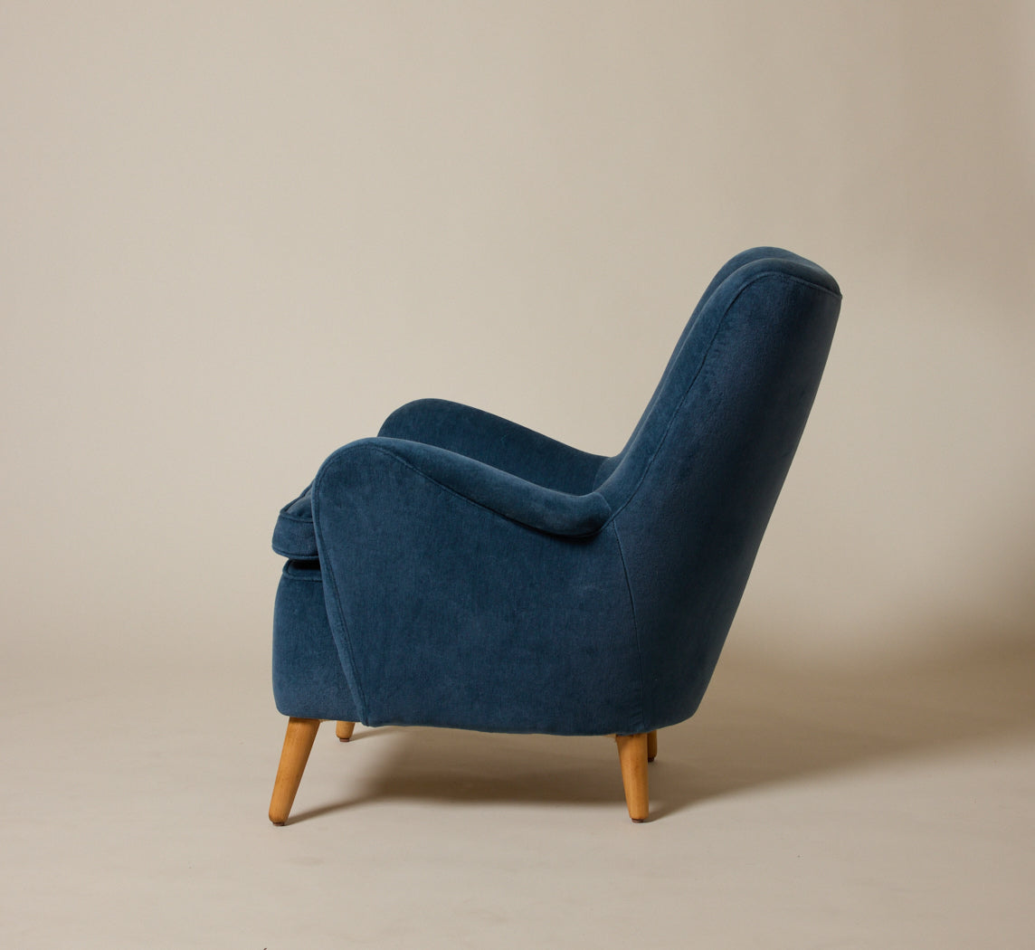 VINTAGE SWEDISH HIGHBACK CHAIR IN BLUE MOHAIR