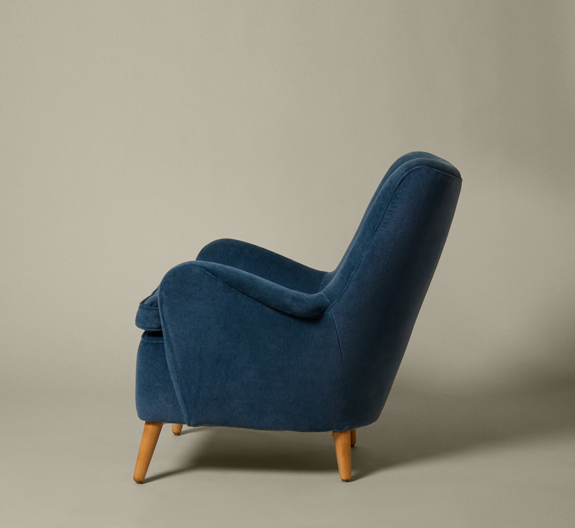 VINTAGE SWEDISH HIGHBACK CHAIR IN BLUE MOHAIR