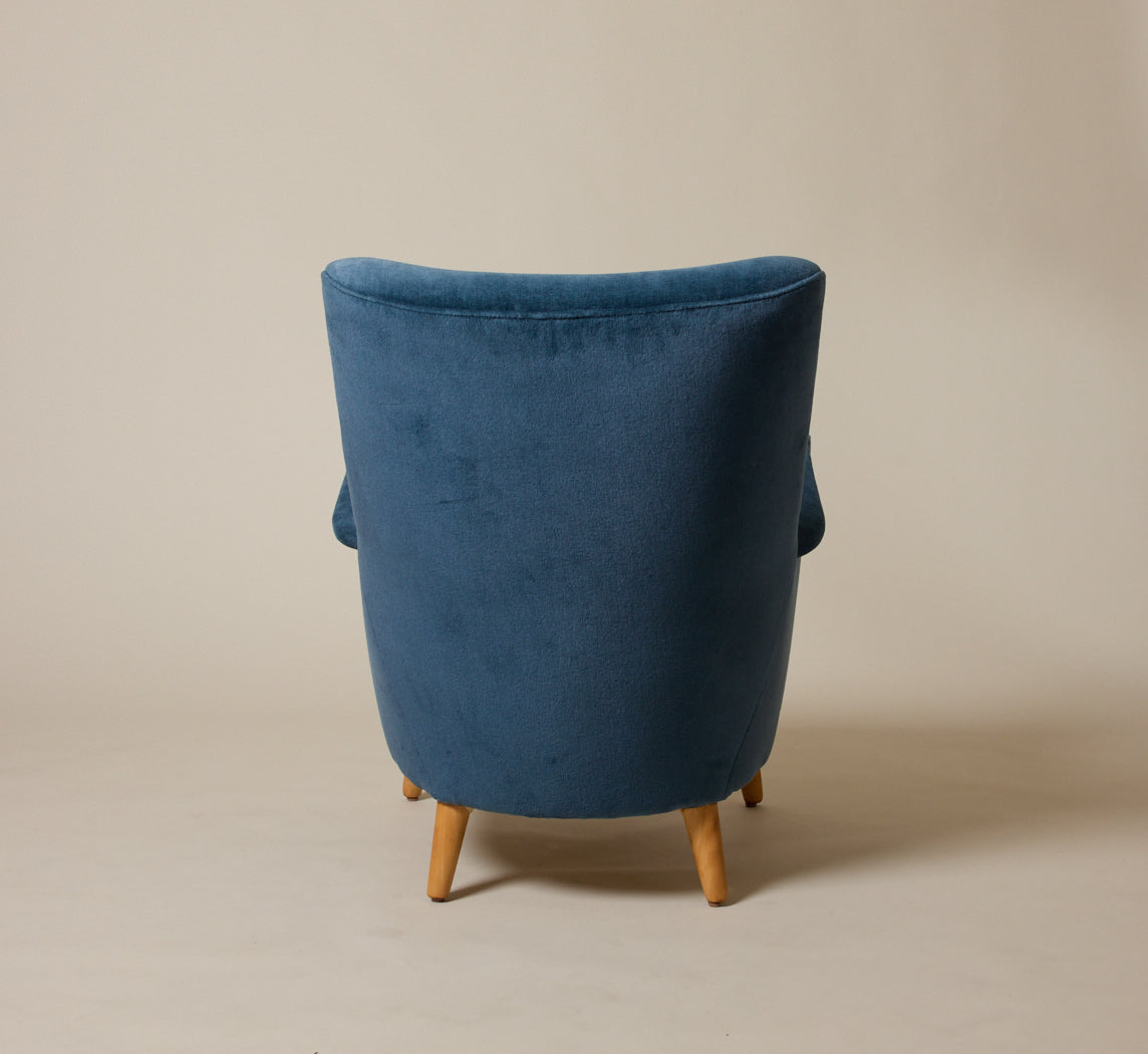 VINTAGE SWEDISH HIGHBACK CHAIR IN BLUE MOHAIR