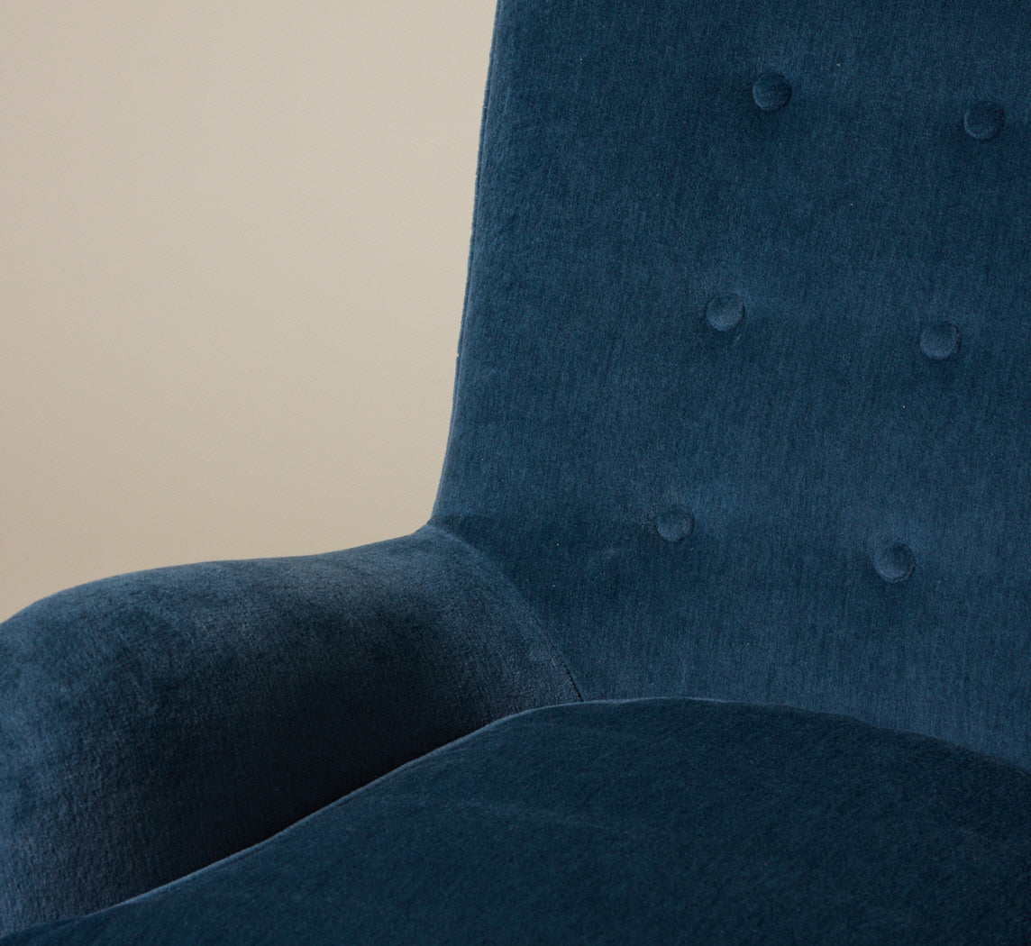 VINTAGE SWEDISH HIGHBACK CHAIR IN BLUE MOHAIR