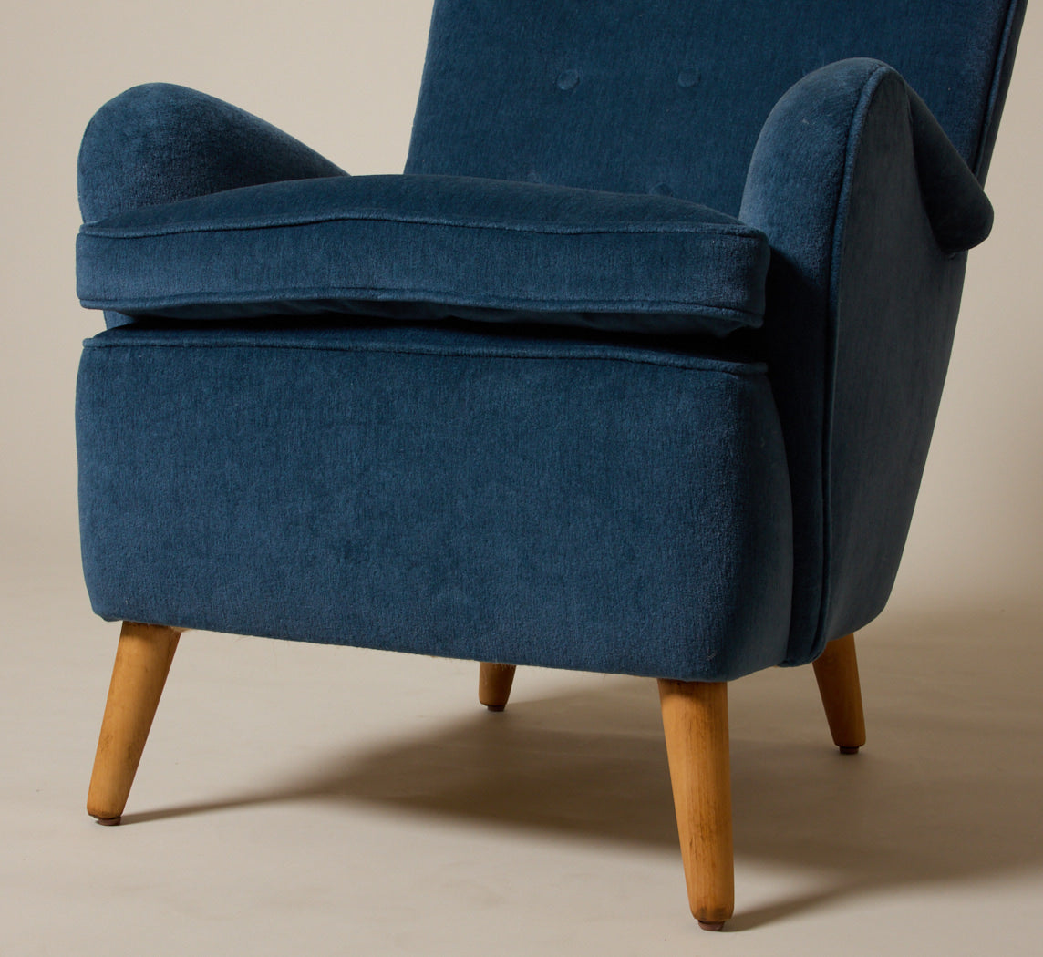 VINTAGE SWEDISH HIGHBACK CHAIR IN BLUE MOHAIR