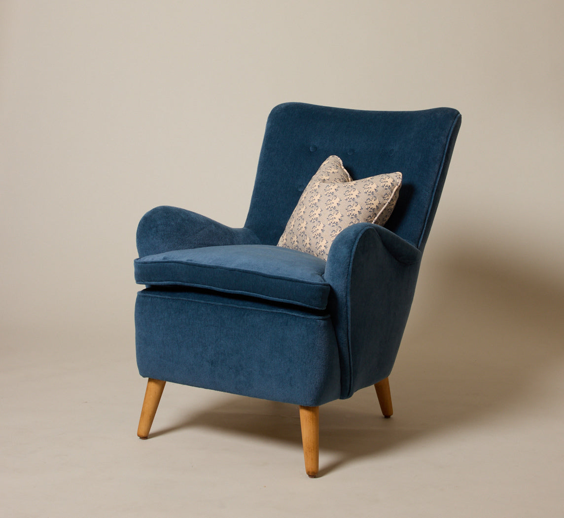 VINTAGE SWEDISH HIGHBACK CHAIR IN BLUE MOHAIR