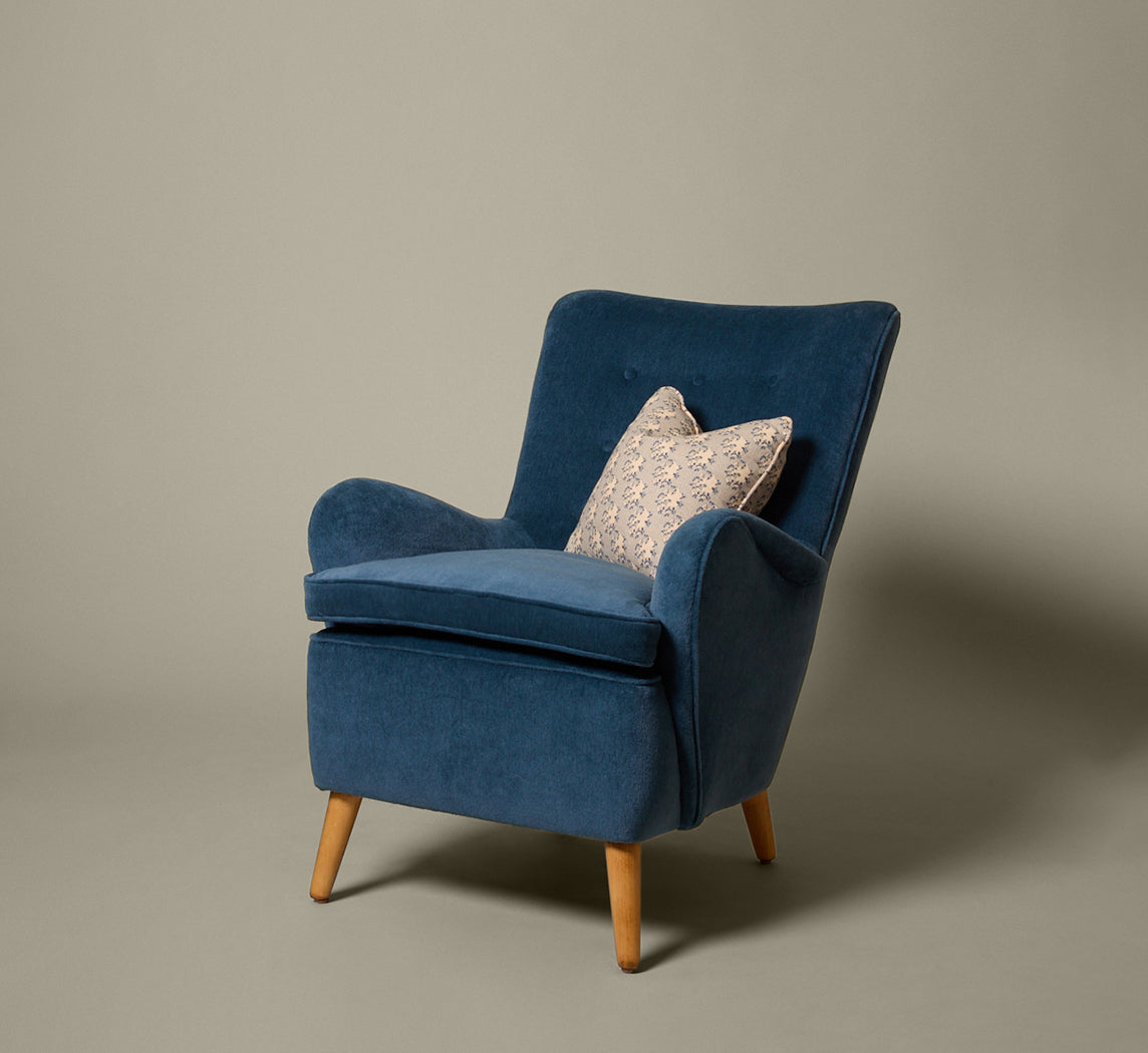 VINTAGE SWEDISH HIGHBACK CHAIR IN BLUE MOHAIR