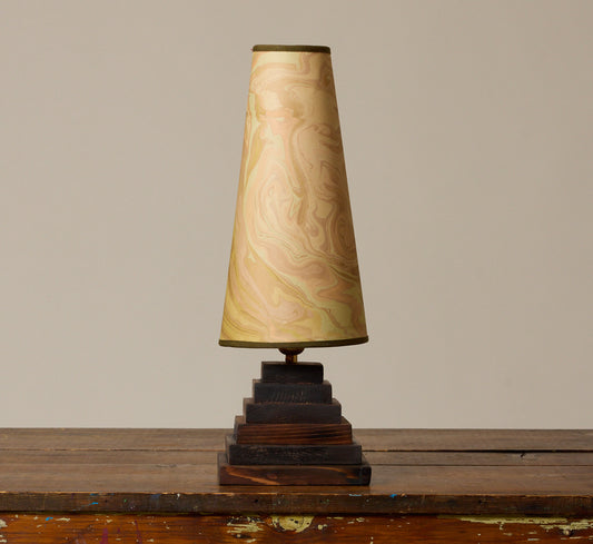 VINTAGE FOLK ART PINE PYRAMID TABLE LAMP WITH SUMINAGASHI SHADE