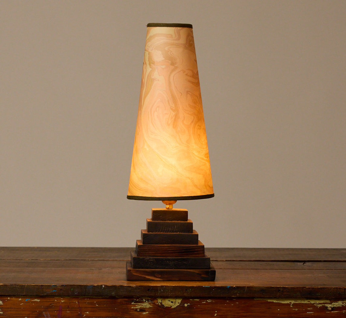 VINTAGE FOLK ART PINE PYRAMID TABLE LAMP WITH SUMINAGASHI SHADE