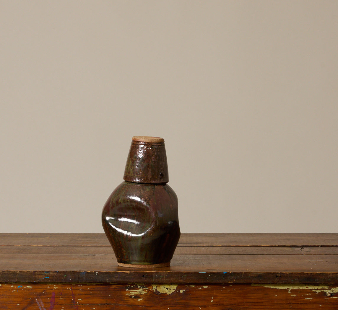 STUDIO POTTERY PINCHED BOTTLE WITH CUP