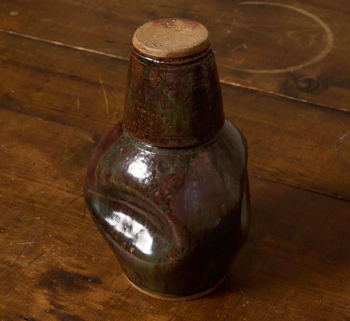 STUDIO POTTERY PINCHED BOTTLE WITH CUP