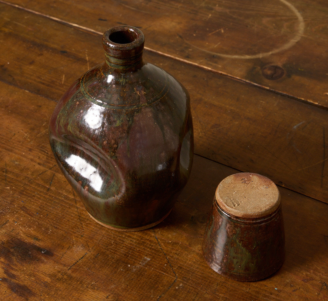 STUDIO POTTERY PINCHED BOTTLE WITH CUP