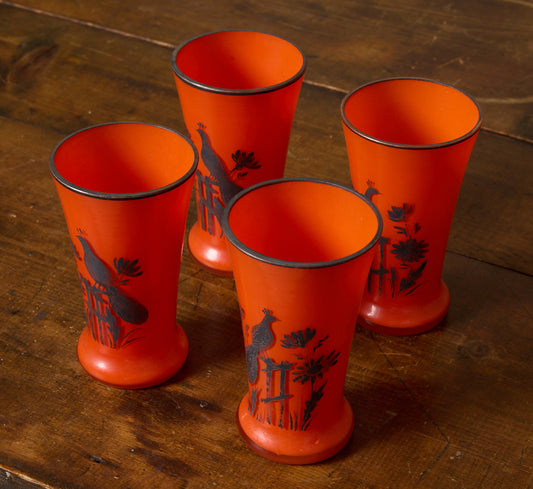 SET OF 4 1920S PEACOCK ON FENCE HIGHBALL TANGO GLASSES
