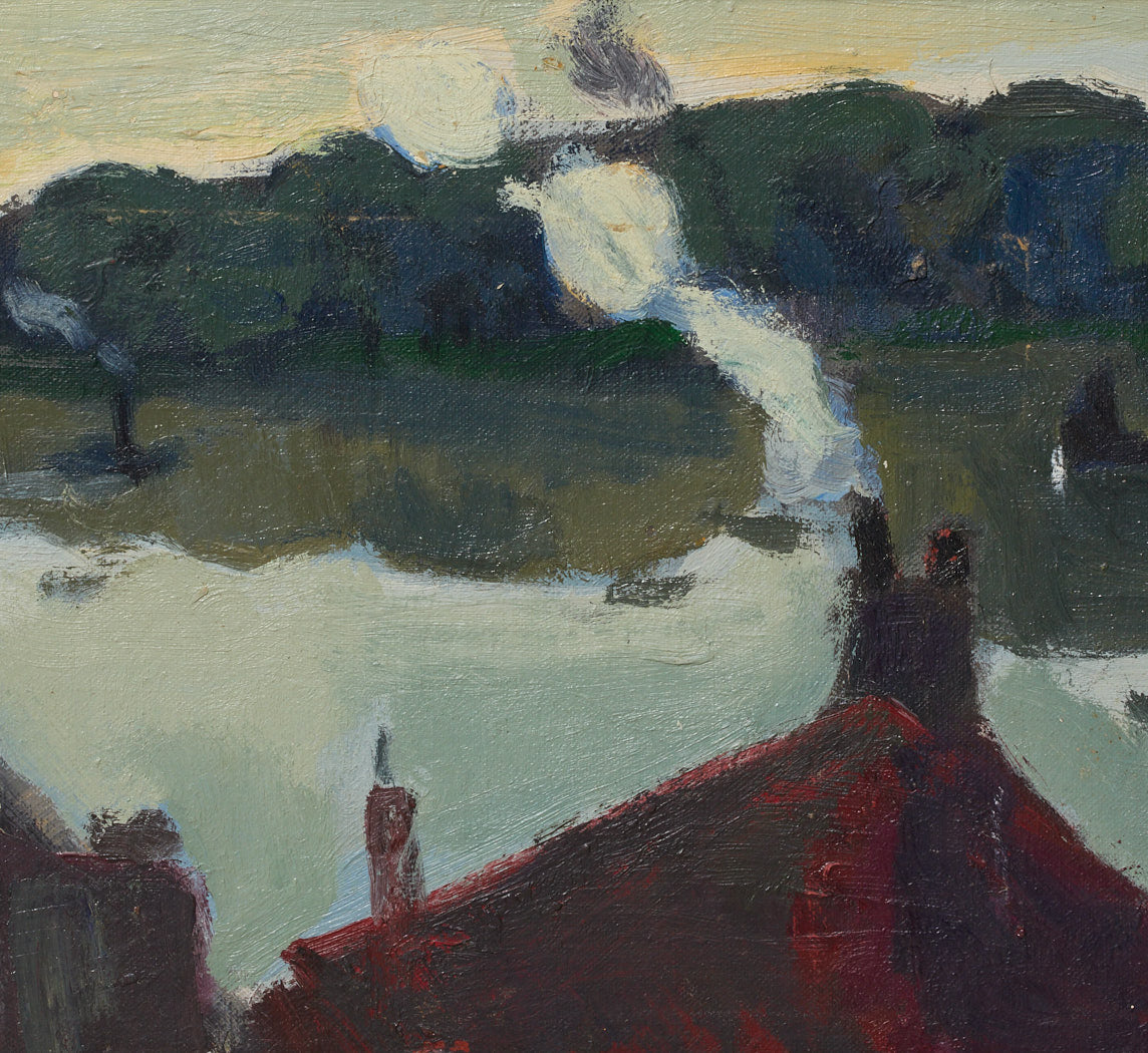 FRENCH RIVER BOAT LANDSCAPE, C. 1940 BY BERNARD LAMOTTE (1903–1983)