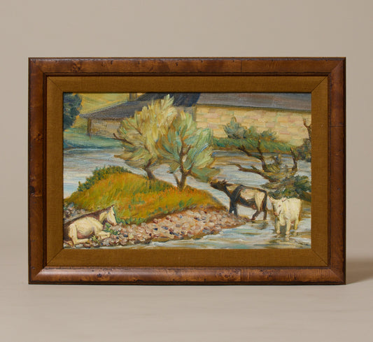 VINTAGE DUTCH SCHOOL WADING COWS LANDSCAPE