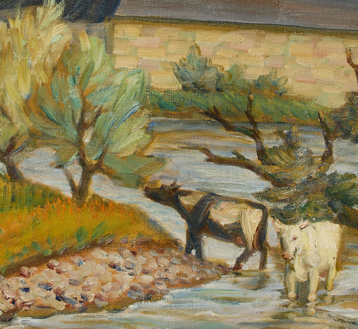VINTAGE DUTCH SCHOOL WADING COWS LANDSCAPE