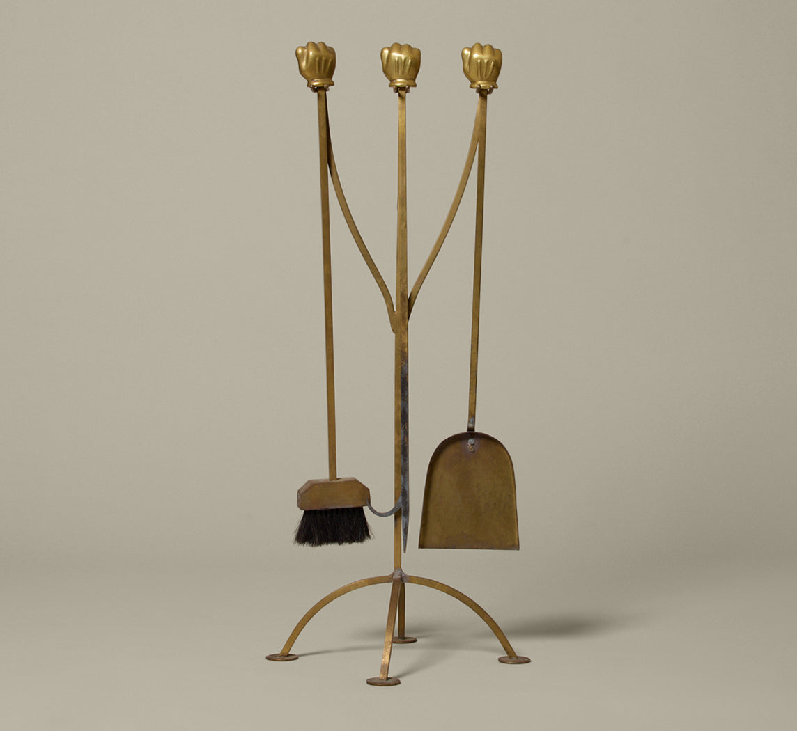 POSTMODERN BRASS HAND FIREPLACE TOOL SET