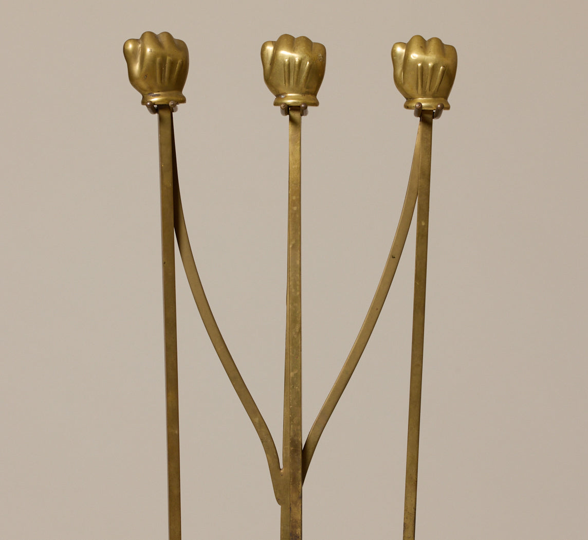 POSTMODERN BRASS HAND FIREPLACE TOOL SET