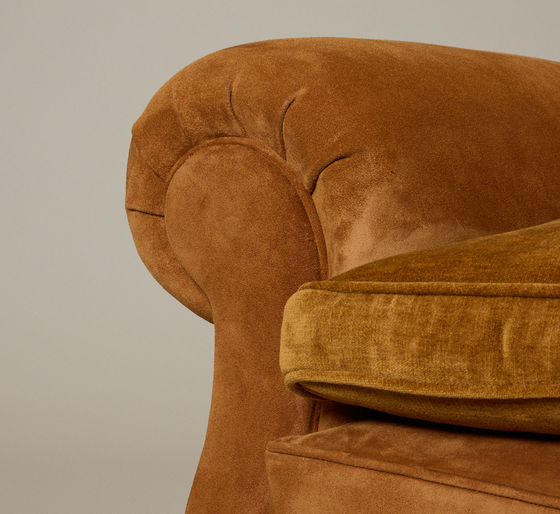 FRITZ HANSEN STYLE DANISH LOUNGE CHAIR IN CARAMEL SUEDE