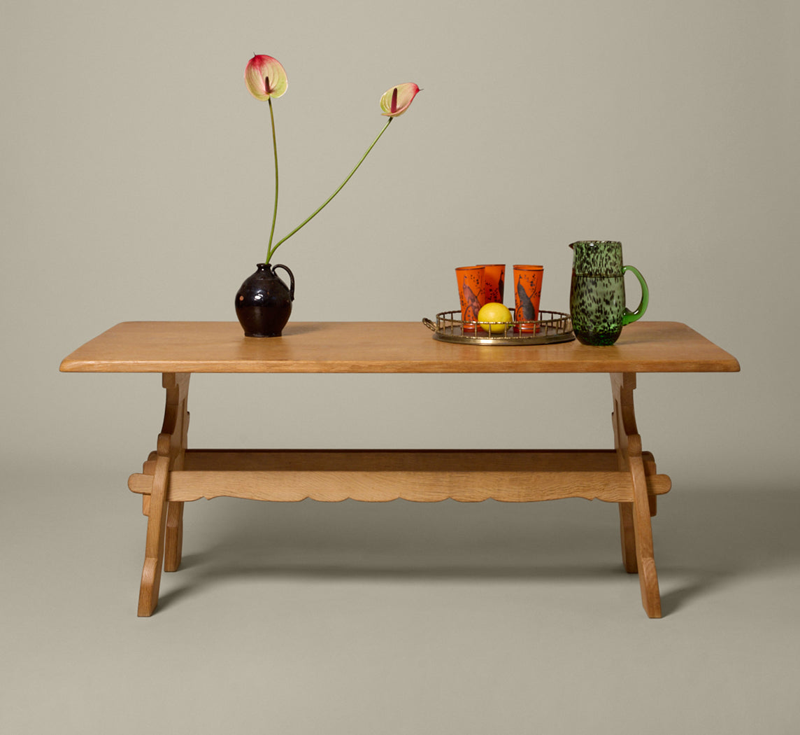 VINTAGE DANISH OAK TRESTLE OCCASIONAL TABLE BY HENNING KJAERNULF