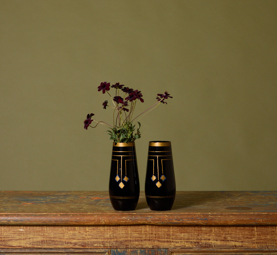 PAIR OF ART NOUVEAU BLACK & GOLD GLASS VASES