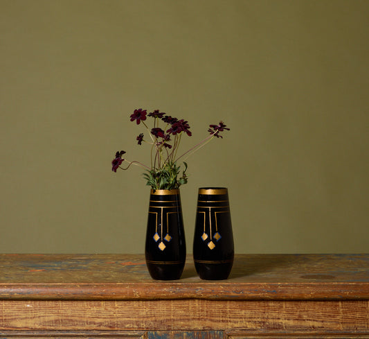 PAIR OF ART NOUVEAU BLACK & GOLD GLASS VASES