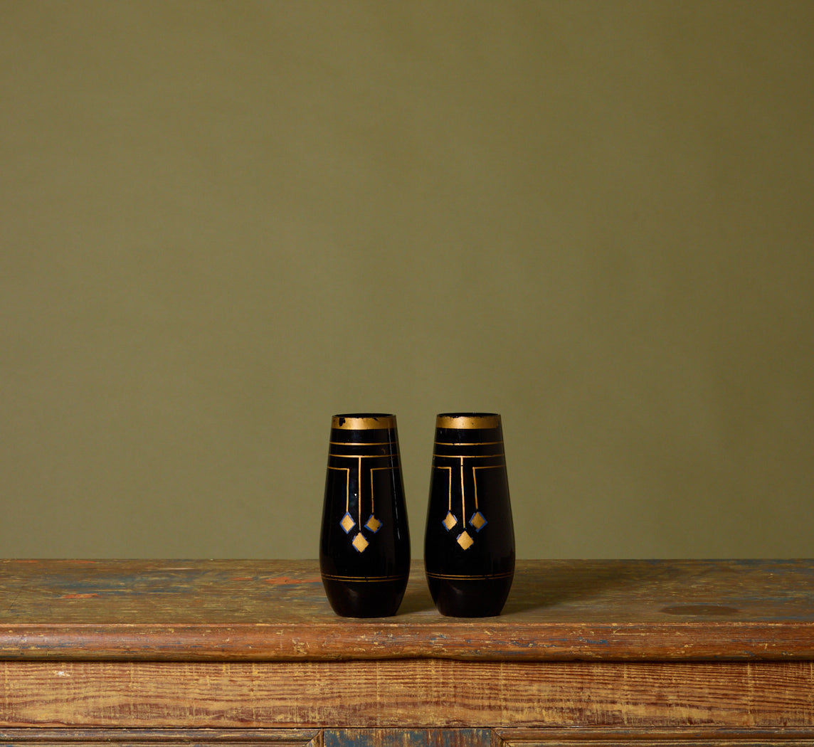PAIR OF ART NOUVEAU BLACK & GOLD GLASS VASES