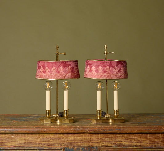 PAIR OF LOUIS XVI STYLE BOUILLOTTE LAMPS IN GILDED BRONZE WITH DAMASK  SHADES
