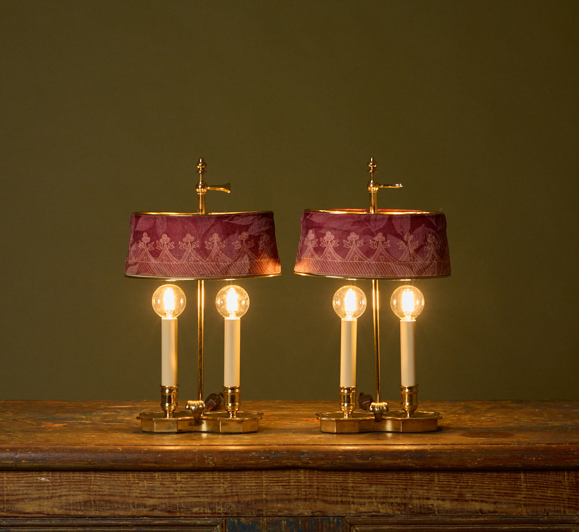 PAIR OF LOUIS XVI STYLE BOUILLOTTE LAMPS IN GILDED BRONZE WITH DAMASK  SHADES